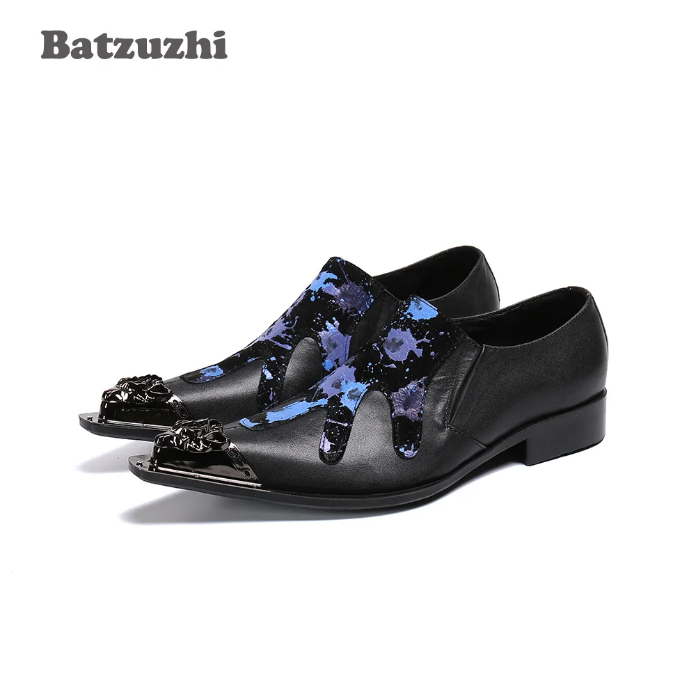 

Batzuzhi Western Fashion Men Shoes Metal Cap Toe Black Genuine Leather Dress Shoes for Men Slip on Formal Business chaussure hom