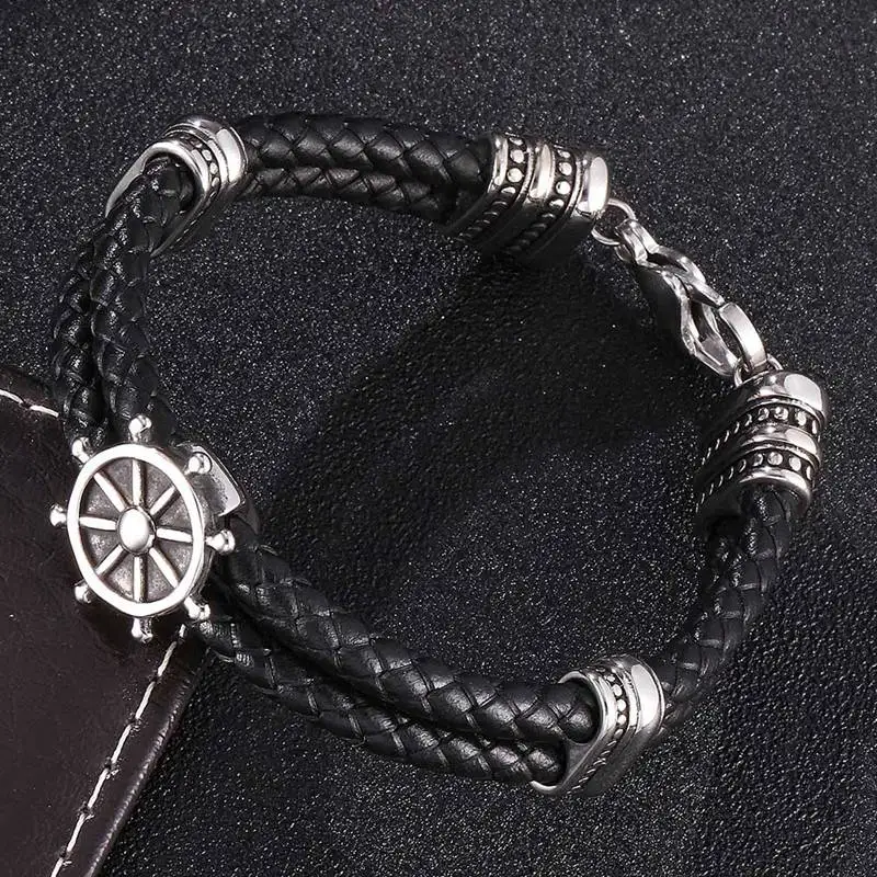 Rudder Steel Punk Men Bracelet Black Leather Woven Lobster Clasp Leather Bracelet Rope Bangles Fashion Men's Gift BB0176