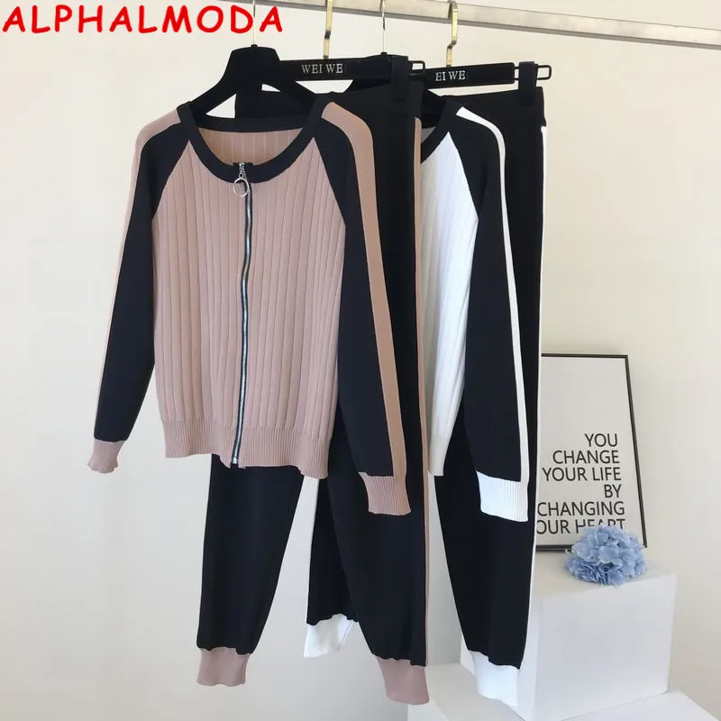 ALPHALMODA-여성용 니트 가디건 및 팬츠 세트, 지퍼 스웨터, 점퍼 탑, 바지, 캐주얼 운동복, 가을,