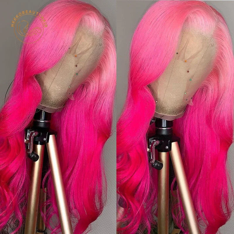 Peluca de cabello humano ondulado, postizo de encaje Frontal, ombré, rosa claro, rosa oscuro, 13x4, 180% de densidad, 2 tonos de color