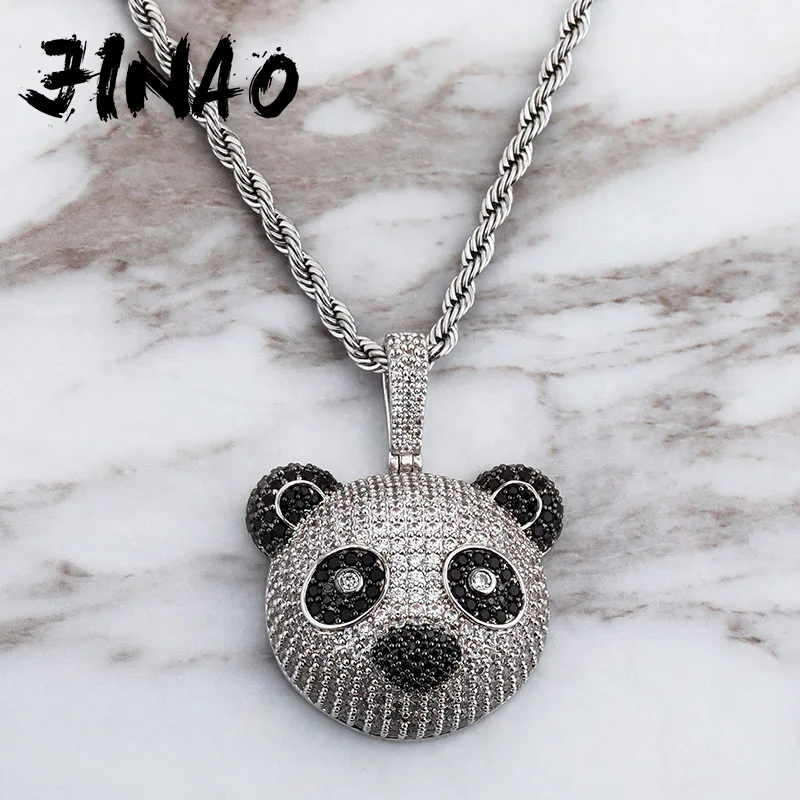 JINAO New Panda Pendant Necklace Iced Out Micro Pave Cubic Zirconia Hip Hop Fashion Jewelry Gift For Women and Men