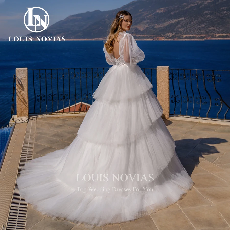 LOUIS NOVIAS فساتين زفاف على شكل حرف a للنساء مثير على شكل قلب وأكمام منتفخة قابلة للإزالة وكشكشة متدرجة مطرز بالخرز فستان زفاف بدون ظهر