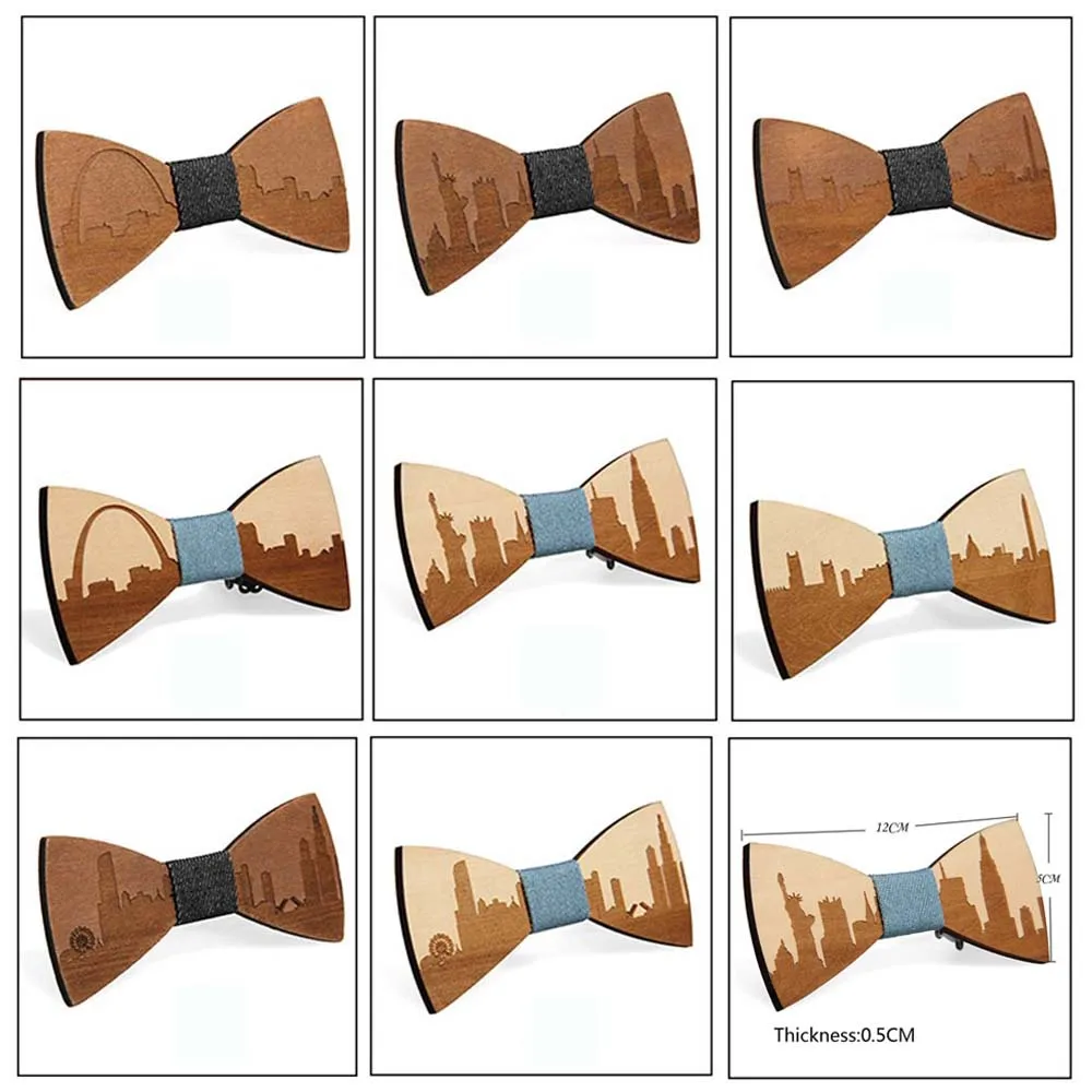 Birthday Dad Friend Gift Wooden Bowtie Cravat Men Elastic Band Strap City Music Engrave Necktie Groom Wedding Party Wood Bow Tie