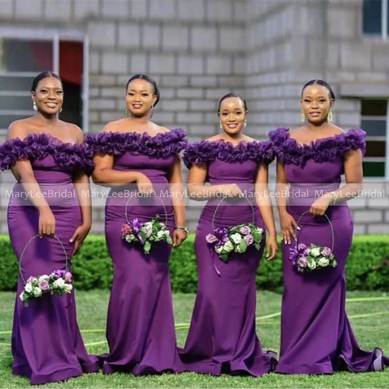 Customized Dark Purple Bridesmaid Dresses with Ruffles Plus Size Mermaid African Women Long Wedding Party Dress Robe De Soiree