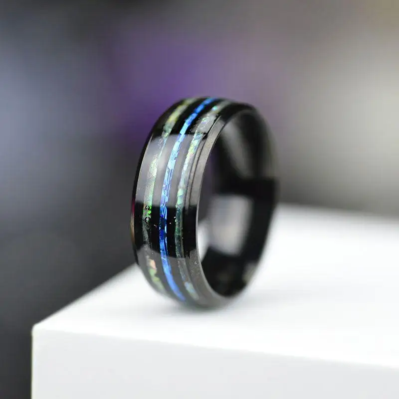 Fashion 8mm Rose Gold Color Tungsten Wedding Men Stainless Steel Rings Inlay Abalone Shell Blue Opal Rings Men Wedding Jewelry