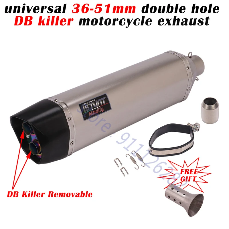 570MM Motorcycle Tail Exhaust Escape Double outlet Pipe Muffler Tip Tubes System DB Killer 2 holes For MT09 duke790 R3