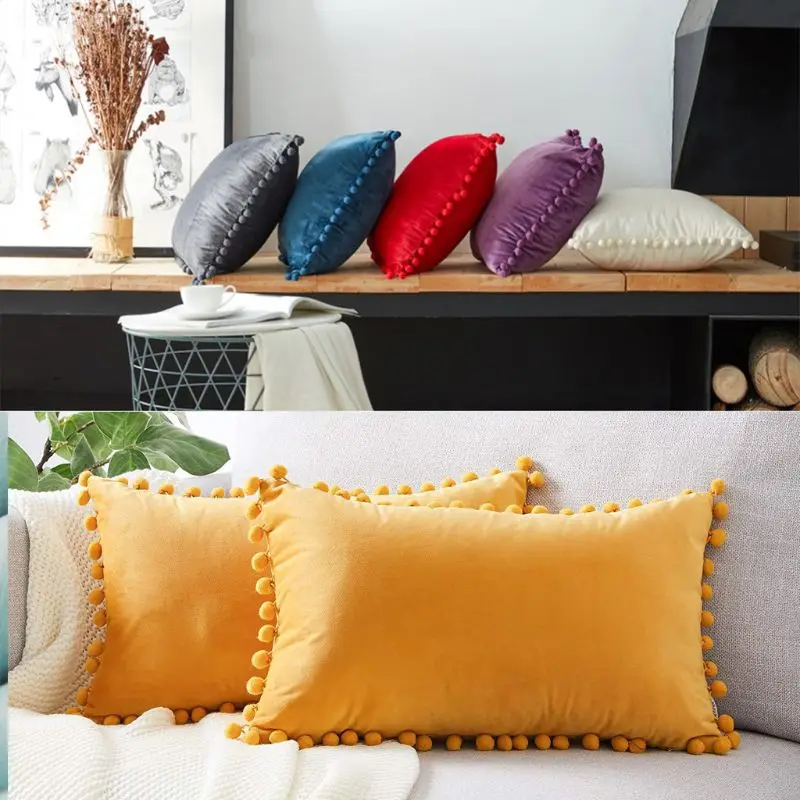 Nordic Lumbar Waist Throw Pillow Cover with Pom Pom Simple Solid Color Decorative Rectangle Cushion Case wholesales