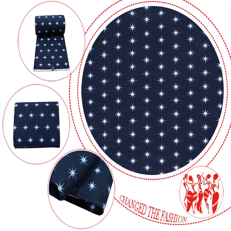 Tela de algodón de cera Real Africana, tejido de costura de alta calidad azul marino, Material textil artesanal, estampado de estrellas, 6 yardas para vestido