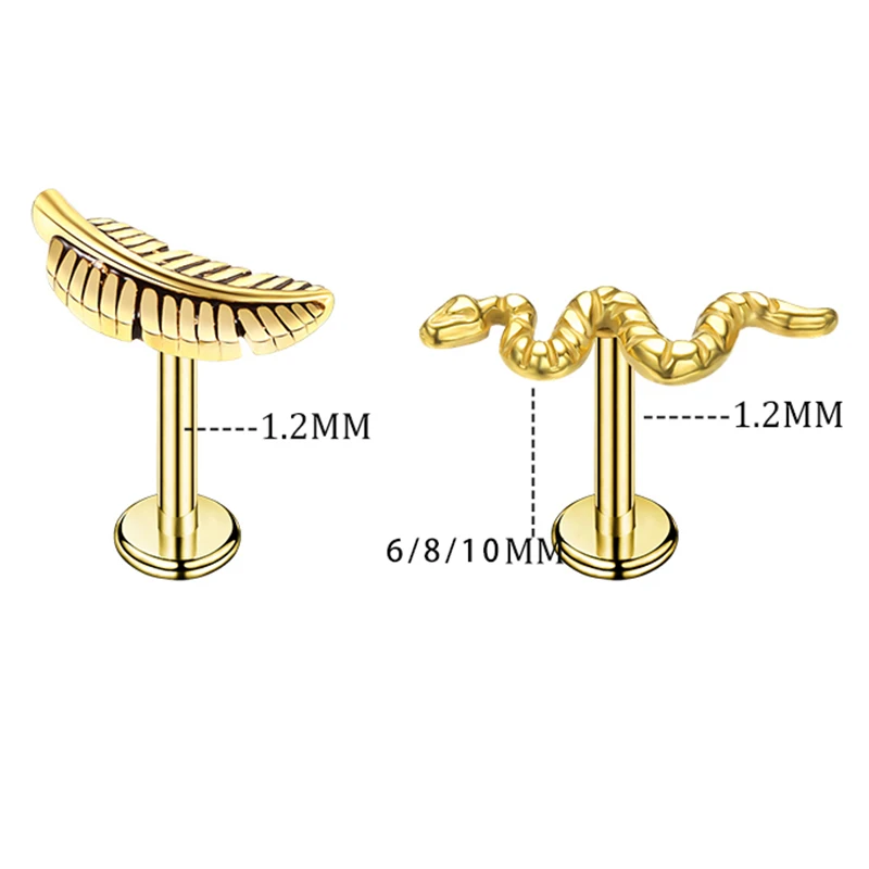G23 Titanium Antiallergic Snake Leaf Ear Stud Conch Helix Screw Tragus Cartilage Daith Earrings Body Piercing Jewelry 16G
