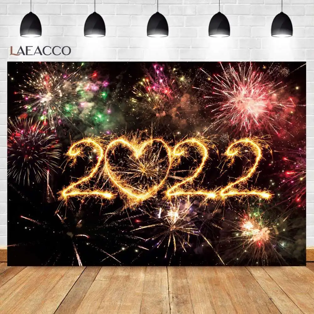 Laeacco Gold Shiny Fireworks Happy New Year Of 2022 XMAS Party Celebration Poster Photo Background Photography Backdrop Banner