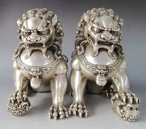 

12*12cm Chinese Silver Guardian Lion Foo Fu Dog Statue