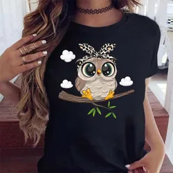 Maycaur Cartoon Owl Print T Shirt Women Kawaii Graphic Shirts Casual Short Sleeved Black Female Tee O-neck Harajuku T-shirts