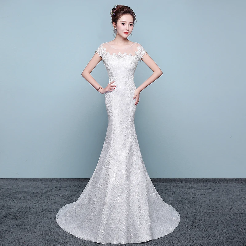 AnXin SH prinzessin braut weiß spitze meerjungfrau hochzeit kleid vintage o neck illusion türkei blume weiß trompete hochzeit kleid