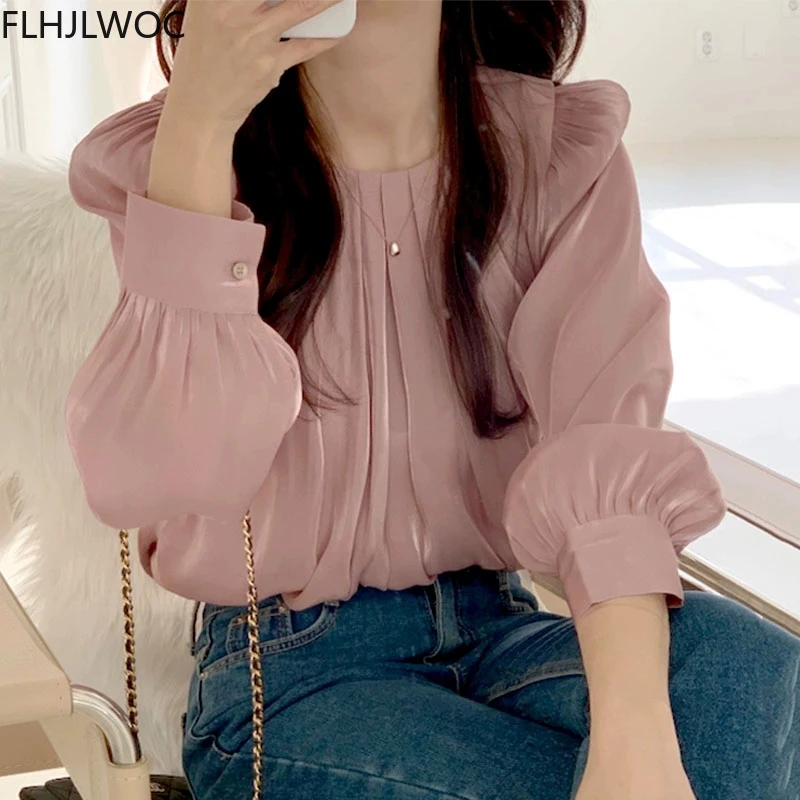 Pink Korea Chic Tops Blusas Flare Sleeve Casual Solid Cute Sweet Girls Lady Shirts Flhjlwoc Fashion Women Blouses