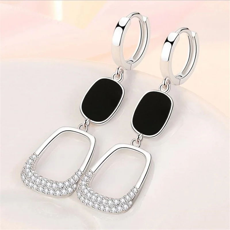 Trendy 925 Sterling Silver Earrings Women Long Accessories On Ear Personality Zircon Black Square Drop Earrings Female Bijou Hot