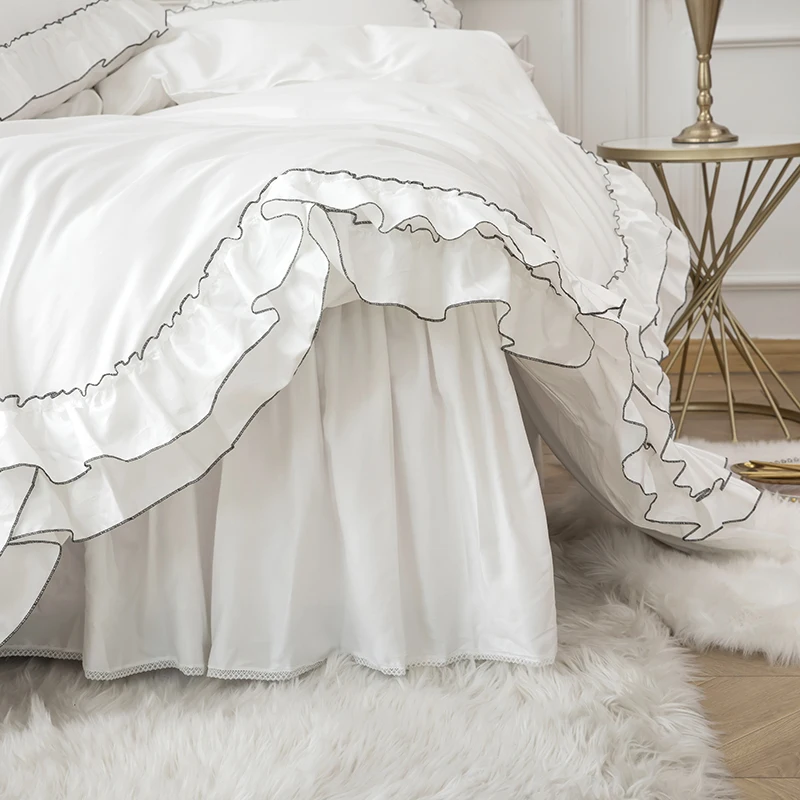White Double Layer Ruffles Duvet Cover Set 100% Cotton Luxury Princess Bedding Set Bed Skirt Bedspread Pillowcases Solid Color