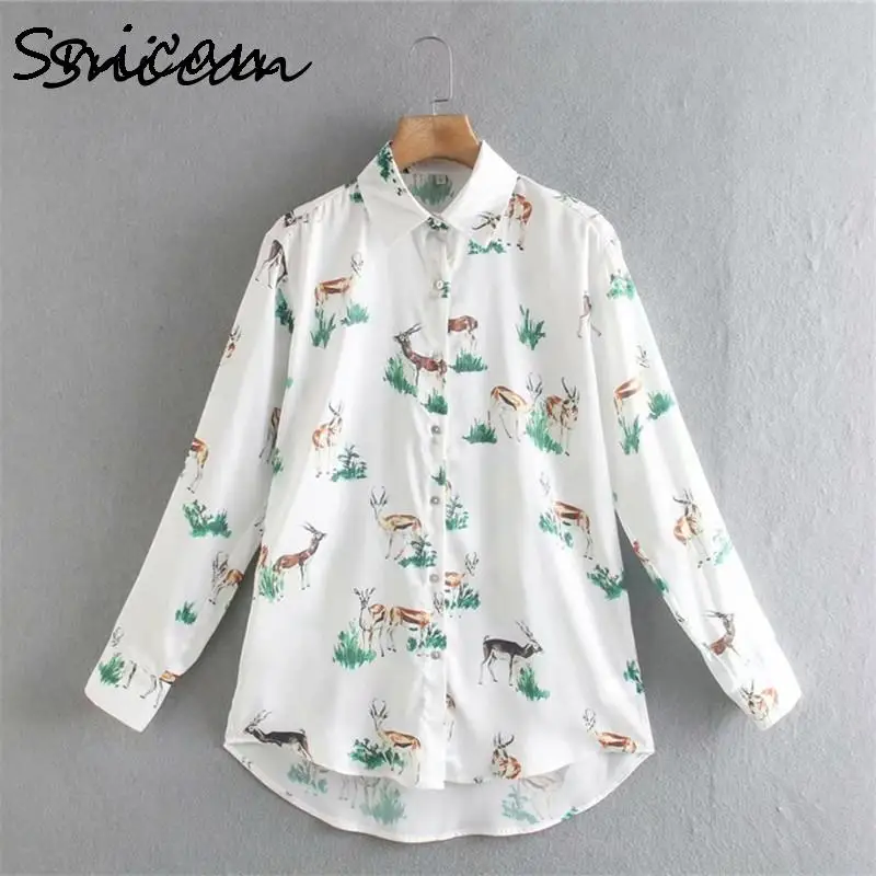 Za Green Dear Print Blouse Women Fashion Satin Animal Sexy Shirts Chic Tops Vintage Chemisier Femme Spring Elegant Blusas Mujer