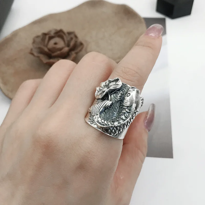 s999 sterling silver retro handmade ethnic style personality niche wide version three-dimensional koi open carp ring