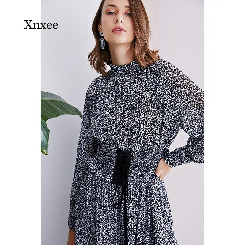 Elegant Floral Ruffle Lace Up Oneck Midi Dress Lantern Long Sleeve a Line High Waist Dresses Sweet Vintage Women Casual Spring