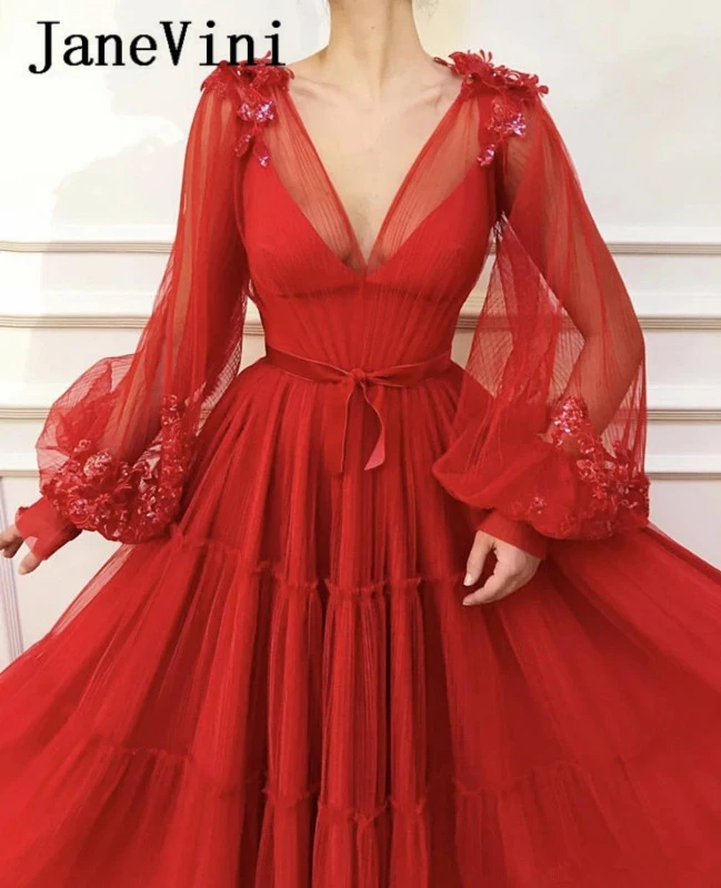 JaneVini – Robe de bal de forme trapèze, Robe Longue, Rouge musulman, manches longues, col en V, paillettes appliquées, arabie saoudite, 2019