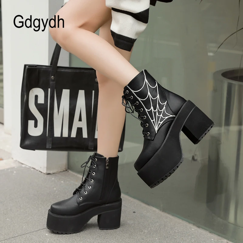 Gdgydh Fashion Cobweb Gothic Boots Women Vampire Knight Cosplay Shoes For 90s Girls High Chunk Heel Forest Aesthetic Shoes Woman