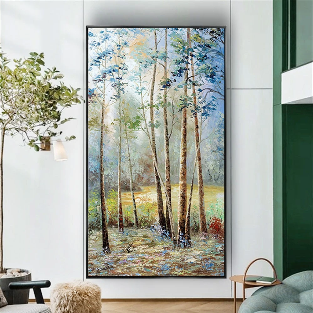 

100% Hand-Painted Large Wood Canvas Poster Birch Forest Living Room Wall Decor Pictures Handmade Tree Landscape Oil Painting