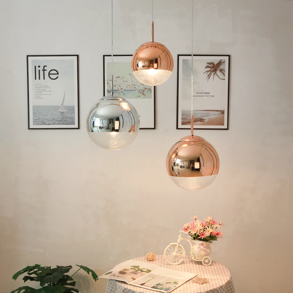 Modern Pendant Lights Silver Mirror Ball Hanglamp Globe Glass Led Lamp Kitchen Living Room Bedroom Home suspension luminaire