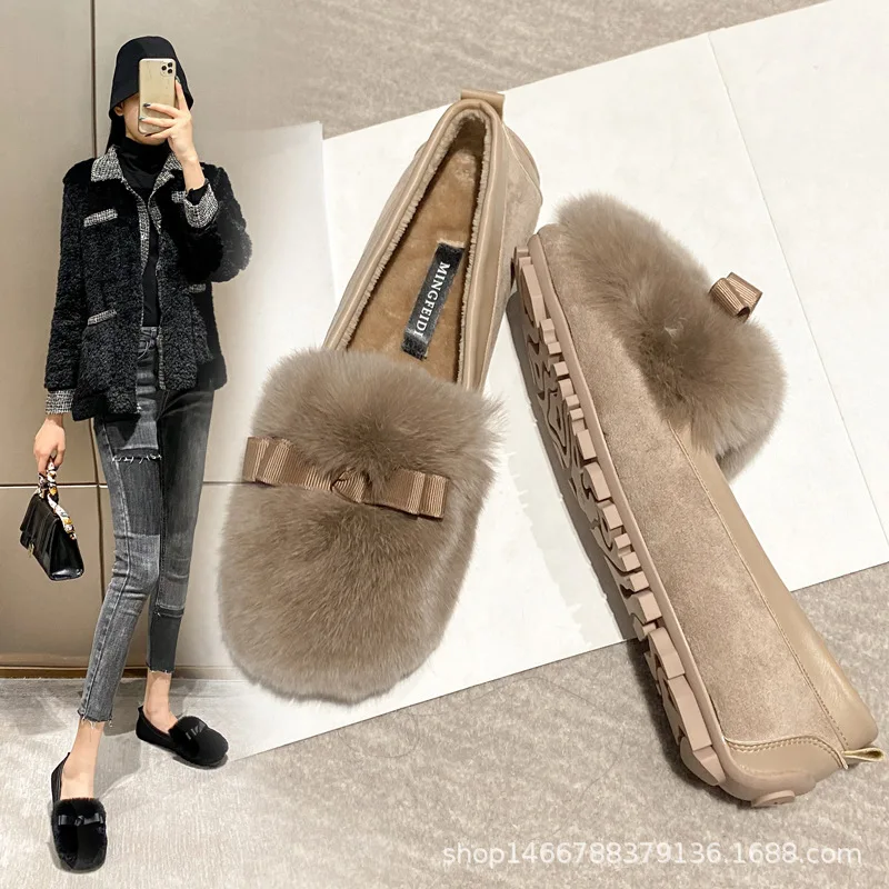 silk bow decoration fur winter shoes for women cozy flock plush padded moccasins female bowtie rabbit fur loafers big size 43