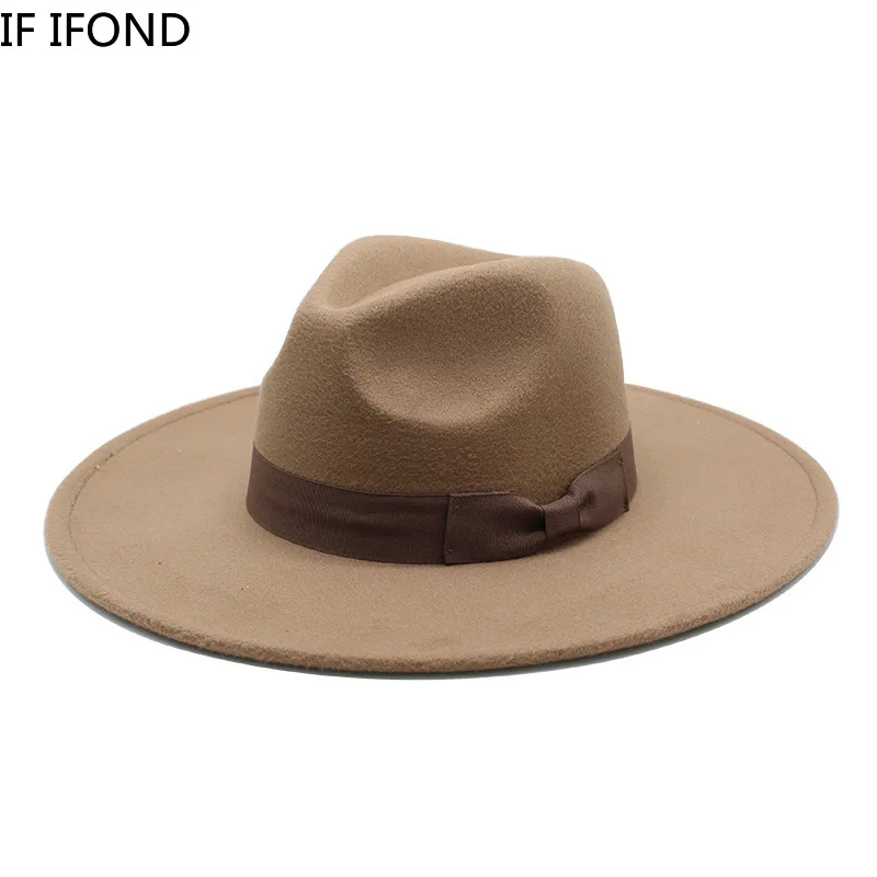 2022 New British Style Men Women Winter Felt Fedoras Cap 9.5cm Big Wide Brim Derby Wedding Church Jazz Hats