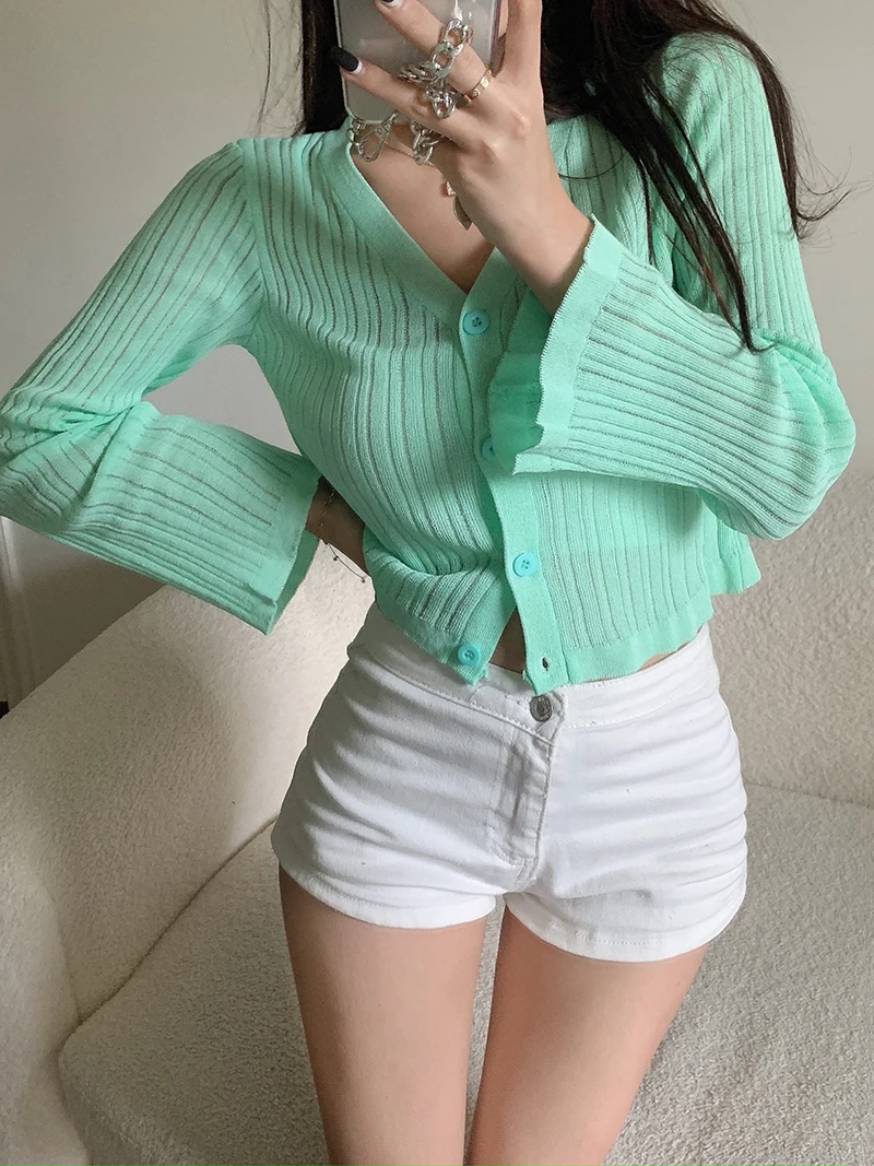 Solid Women\'s Thin Shirt Jacket Summer Crop Top Cardigan Knit Tops Hollow V-neck Loose Long Sleeved Sunscreen Tee Shirt Blusas