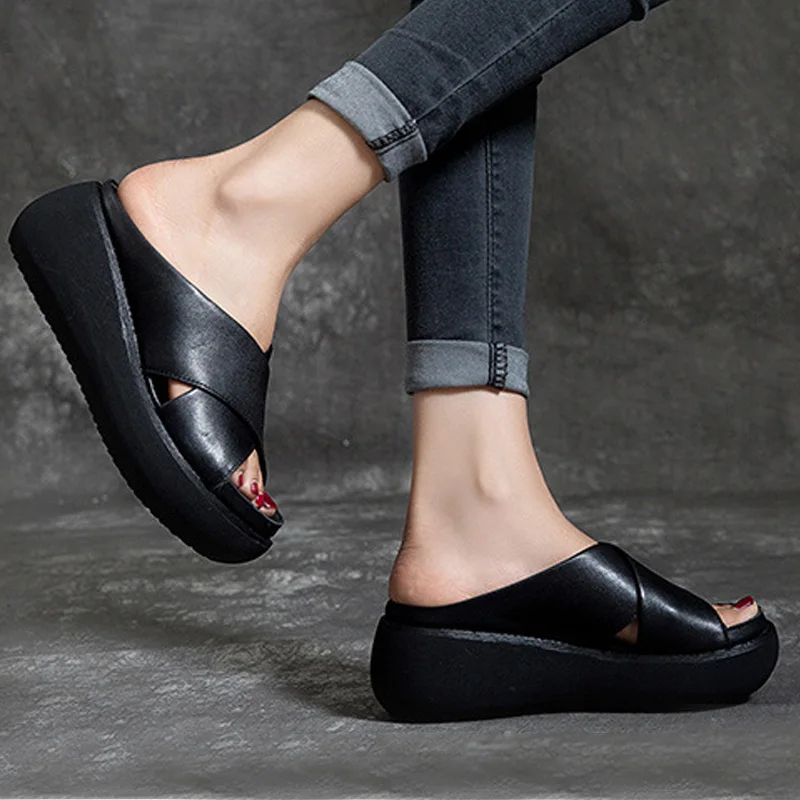 Zapatos De Mujer – chaussures en cuir souple pour femmes, sandales confortables à talons épais, pantoufles De plage, vacances, printemps été 2019