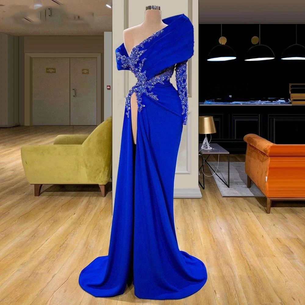 Glitter Royal Blue Long Sleeves Mermaid Arabic Evening Dress Beaded Lace Appliques Plus Size Prom Gowns Women Pageant Dresses