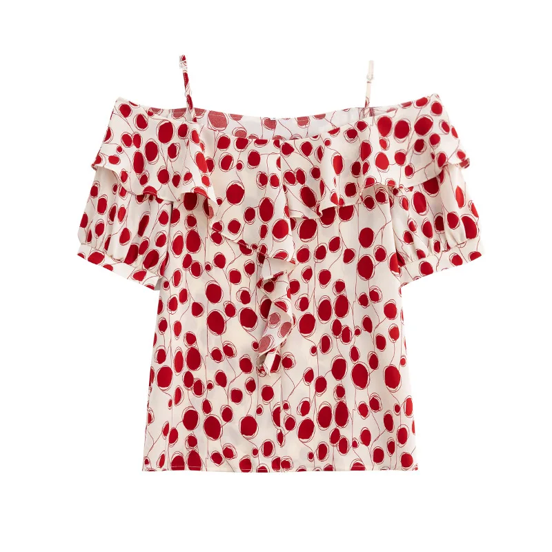 Off The Shoulder Tops For Women 2020 Summer Blouse Korean Ruffles Short Sleeve Red Polka Dot Chiffon Shirt Cold Shoulder Tops