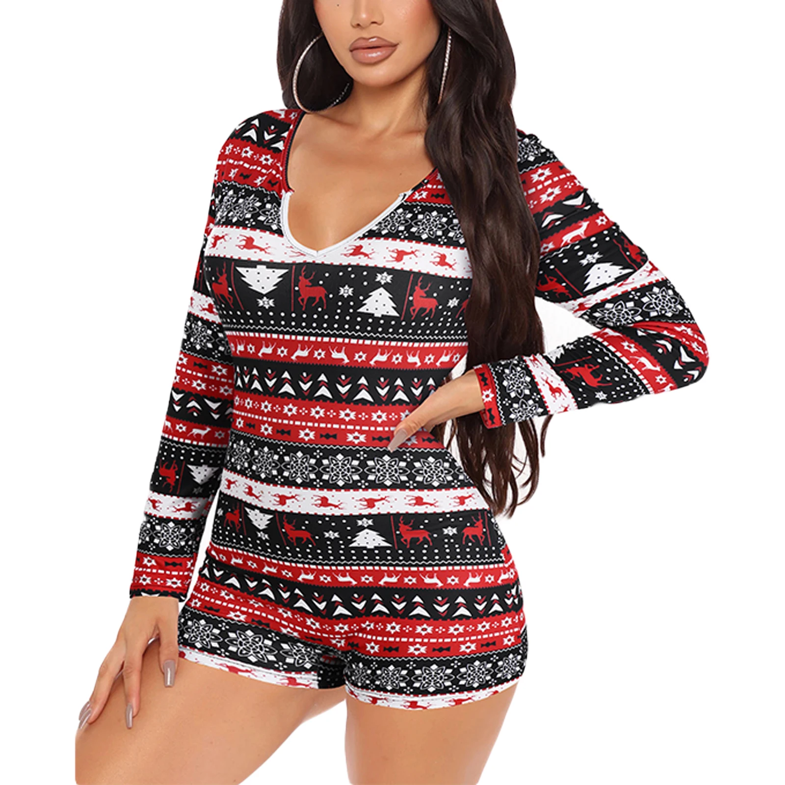 Christmas Printed Romper Slim-fit Long Sleeve V-neck Soft Sleepwear Playsuit Women\'s Clothes Red Blue