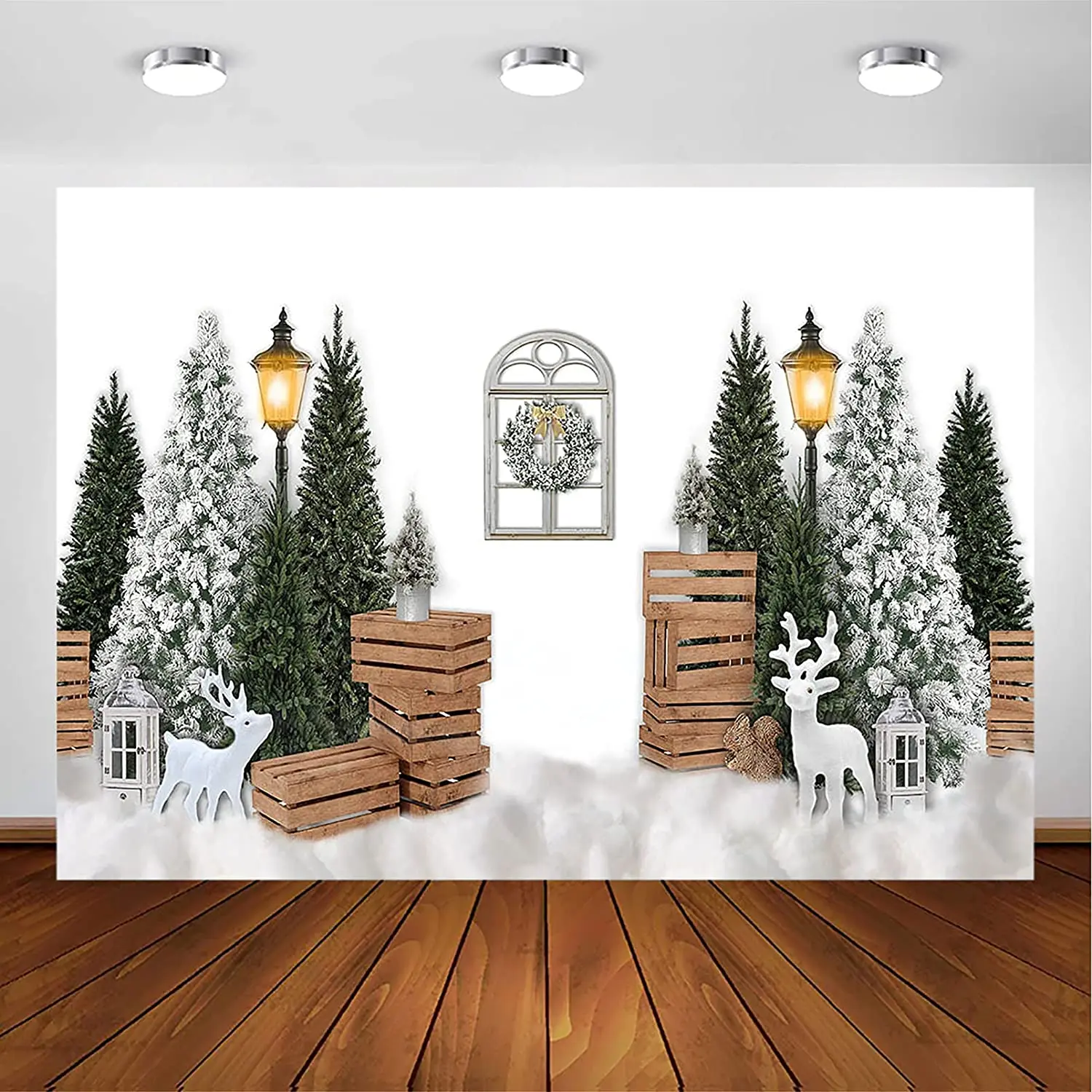 Christmas Backdrops for Photography White Wall Winter Snow Scene Xmas Tree Holiday Background for Photo Booth Photoshoot