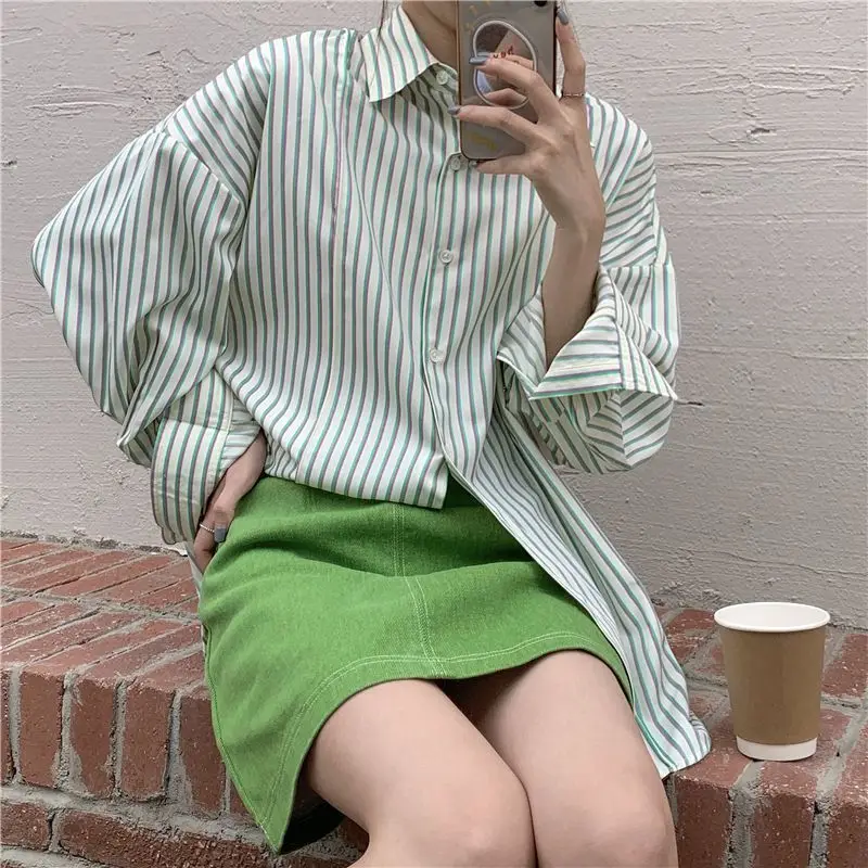 Summer New Striped Shirts Temperament Simplicity Sunscreen Long Sleeve Blouse OL Loose Sense of Minority Blusas Female Retro Ins