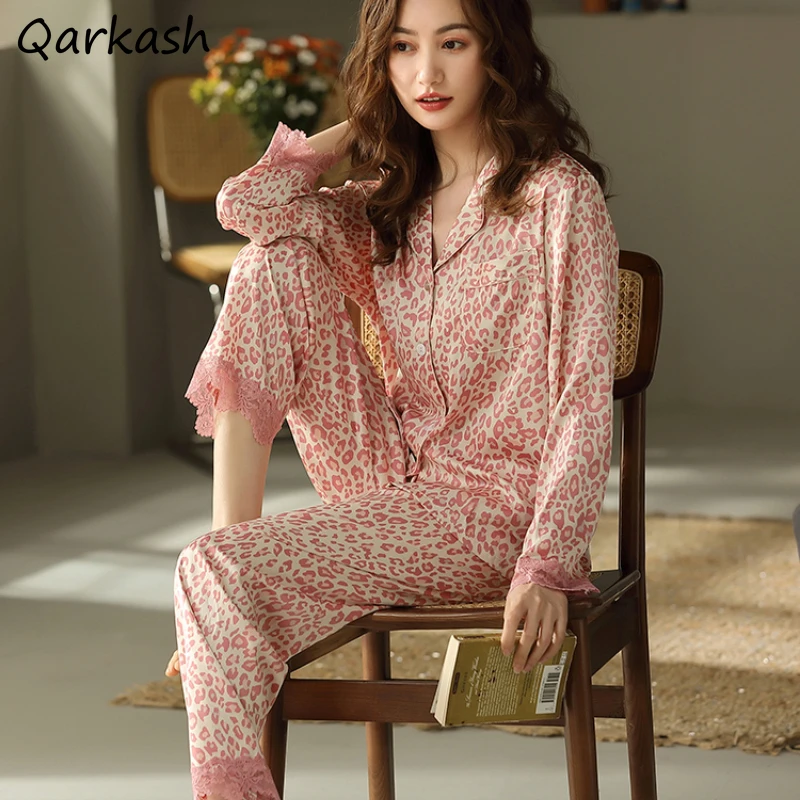 

Pajama Sets Women Long Sleeve Leopard Spring Comfortable Single Breasted Leisure Fashion Popular Feminine 2 Pcs Homewear Newly