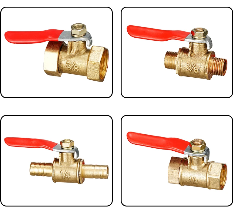 Válvula de bola de púas de latón, conector hembra macho de 1/8, 3/8 y 1/4 pulgadas, junta de cobre, adaptador de acoplador de ajuste de tubería de 8/10/12mm