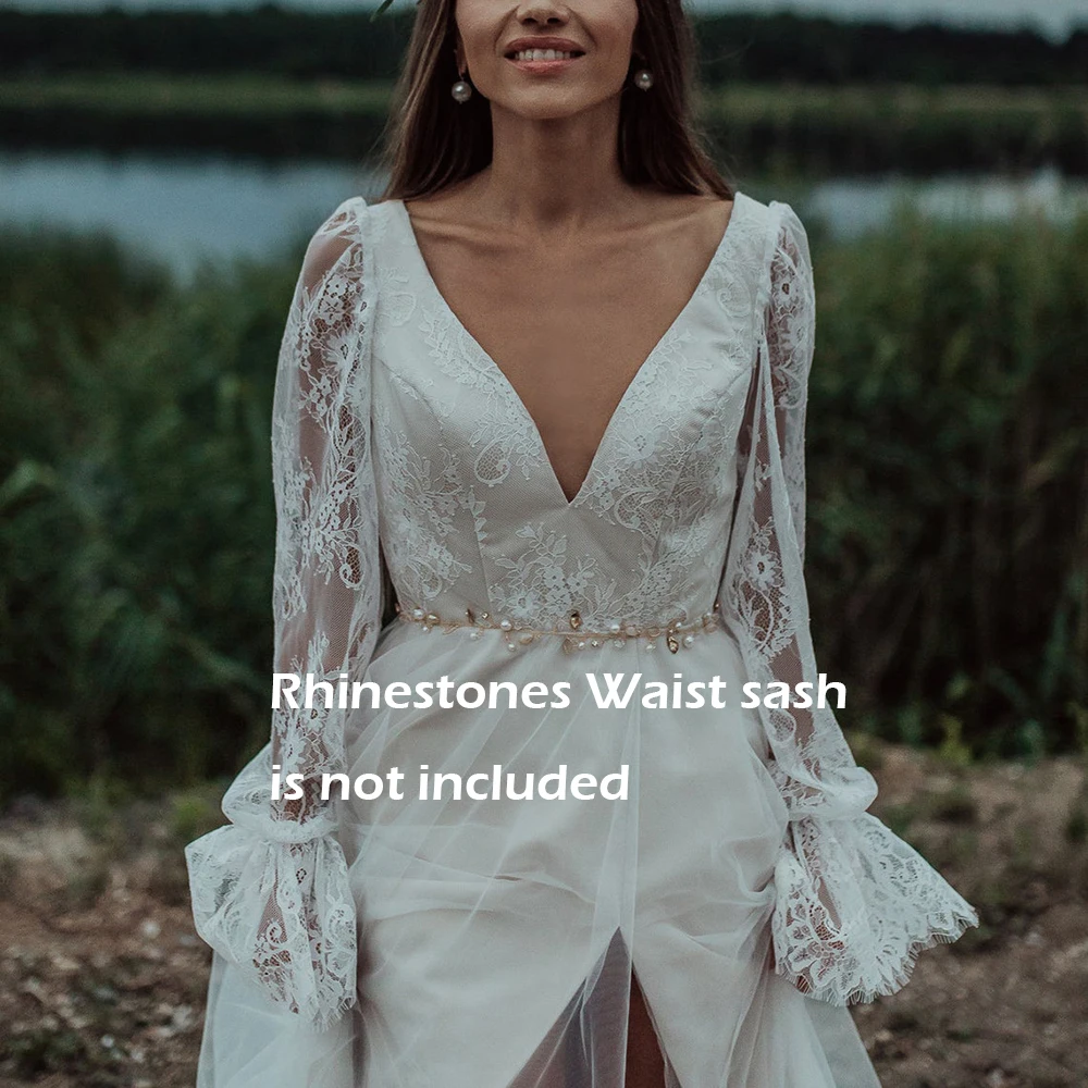 Długie rękawy przezroczysta koronka plaża suknia ślubna linia V Neck Boho Elopement wysokie rozcięcie Backless suknie ślubne Custom Made 10153