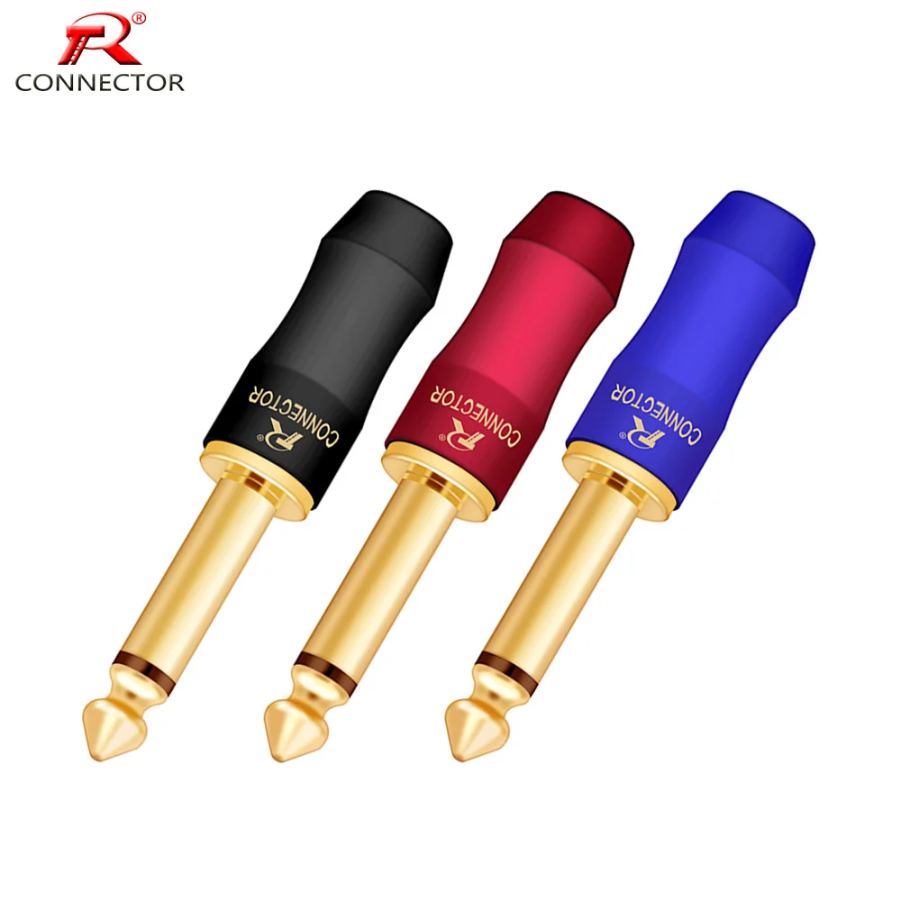 1pc 6.35mm Jack Mono Sophomore Core Connector Plug 6.3mm Connector Amplifier Microphone Gold Plated Red+Blue Color R Connector