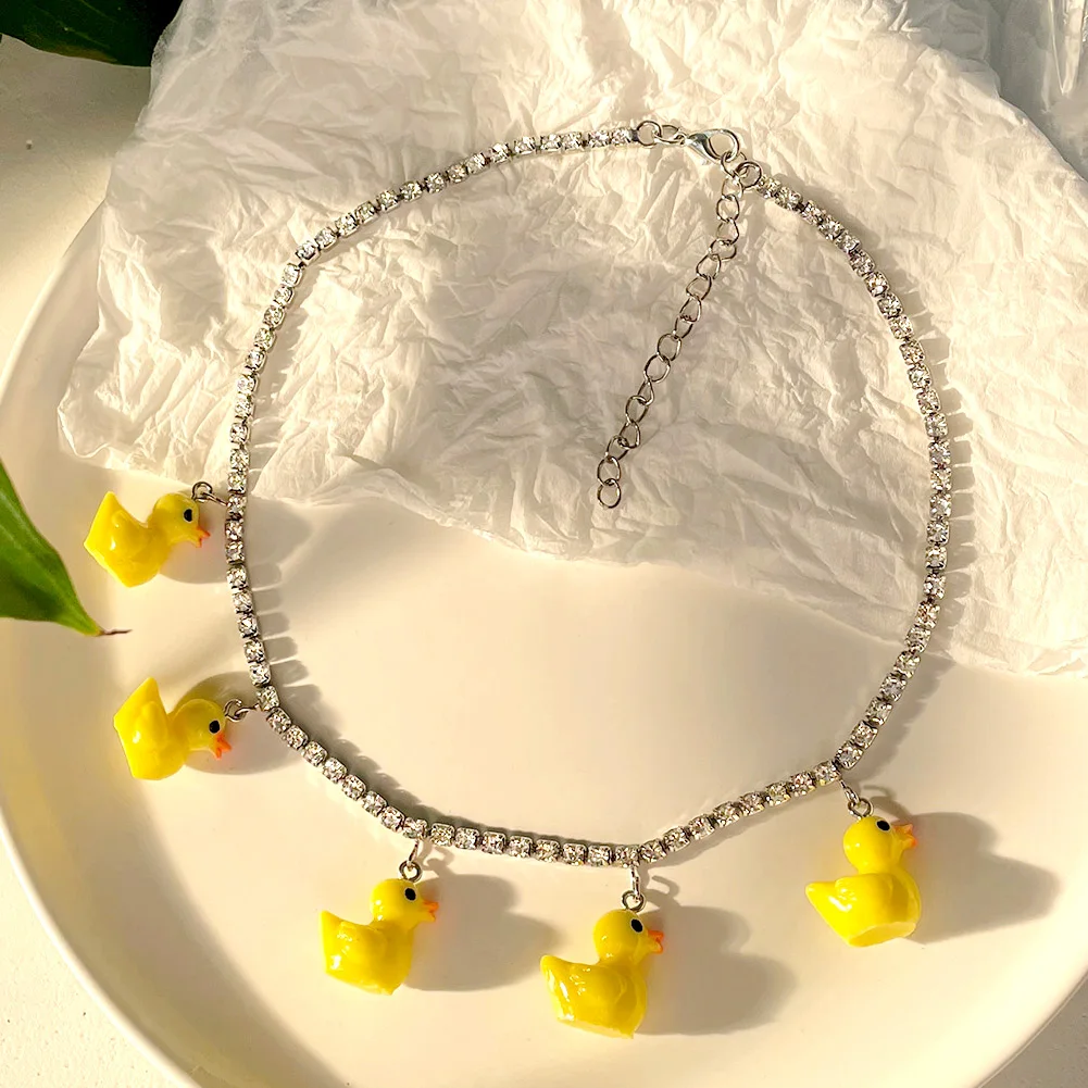 Fashion Cute Cartoon Little Yellow Duck Charms Pendant Necklace for Women Shining Crystal Tennis Chain Necklace Creative Jewelry