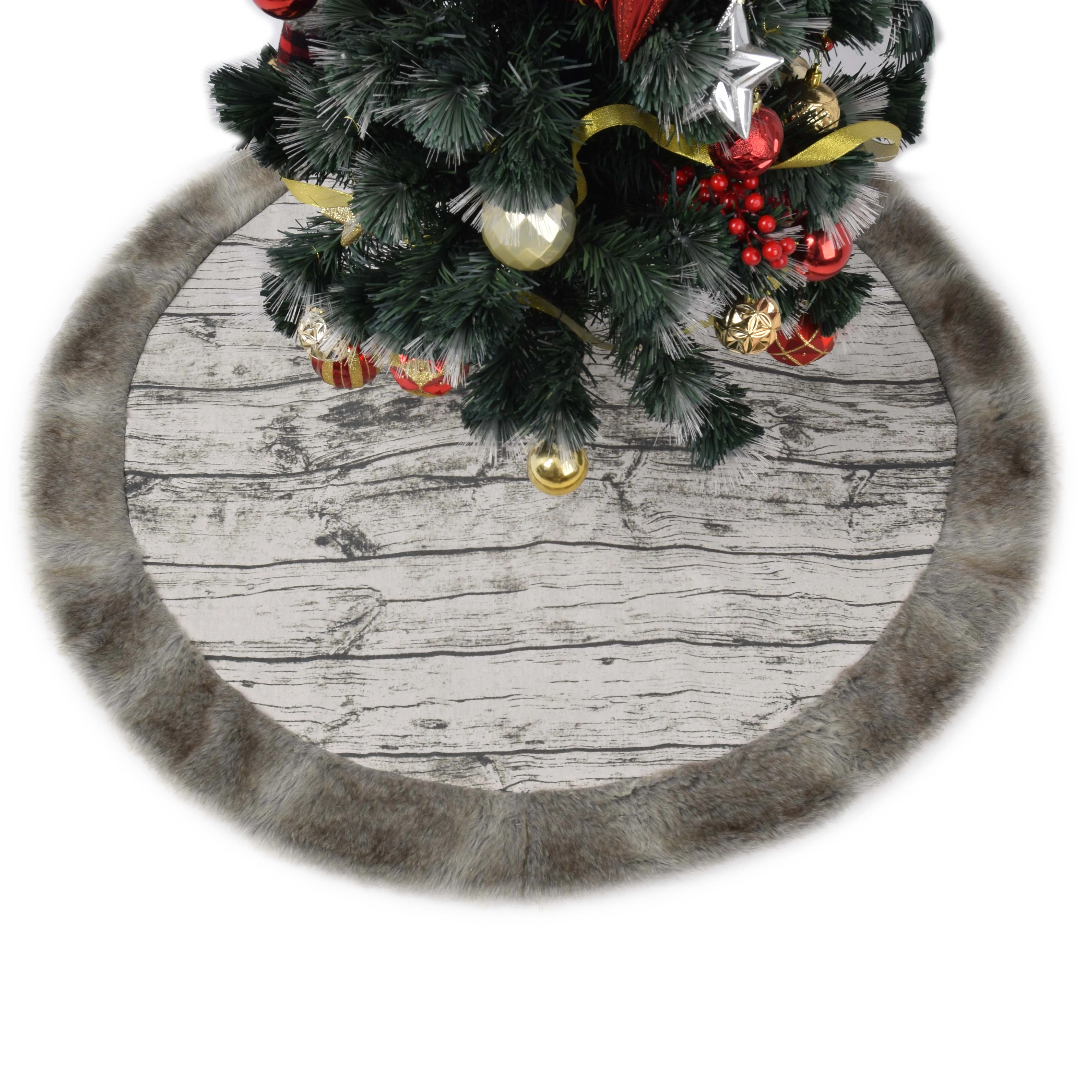 

48inch Christmas Tree Skirt Printe Canvas XMAS Tree Decoration Merry Christmas with faux fur border deocration