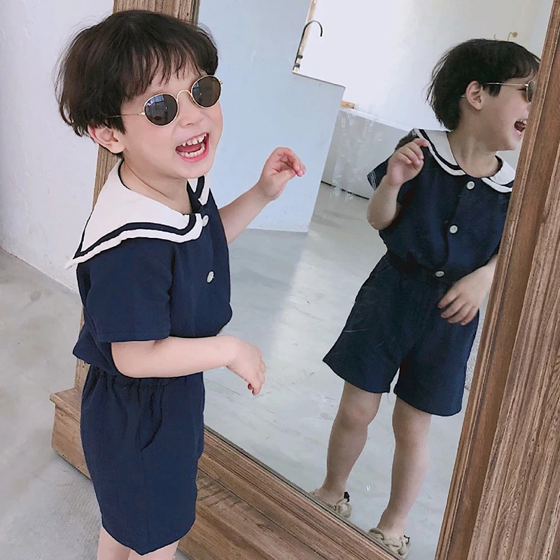 2020 Summer Korean Style Kids Sailor Collar Cotton Linen Clothes Sets Cute Boys Girls Short Sleeve T Shirt + Shorts 2Pcs Suits