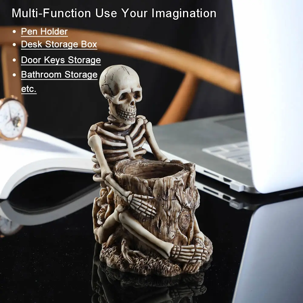 Skull Statue Pen Holder Desk Wall Mounted Resin Storage Box Home Office Desk Decor Gift Halloween Party Decoration Dropshipping