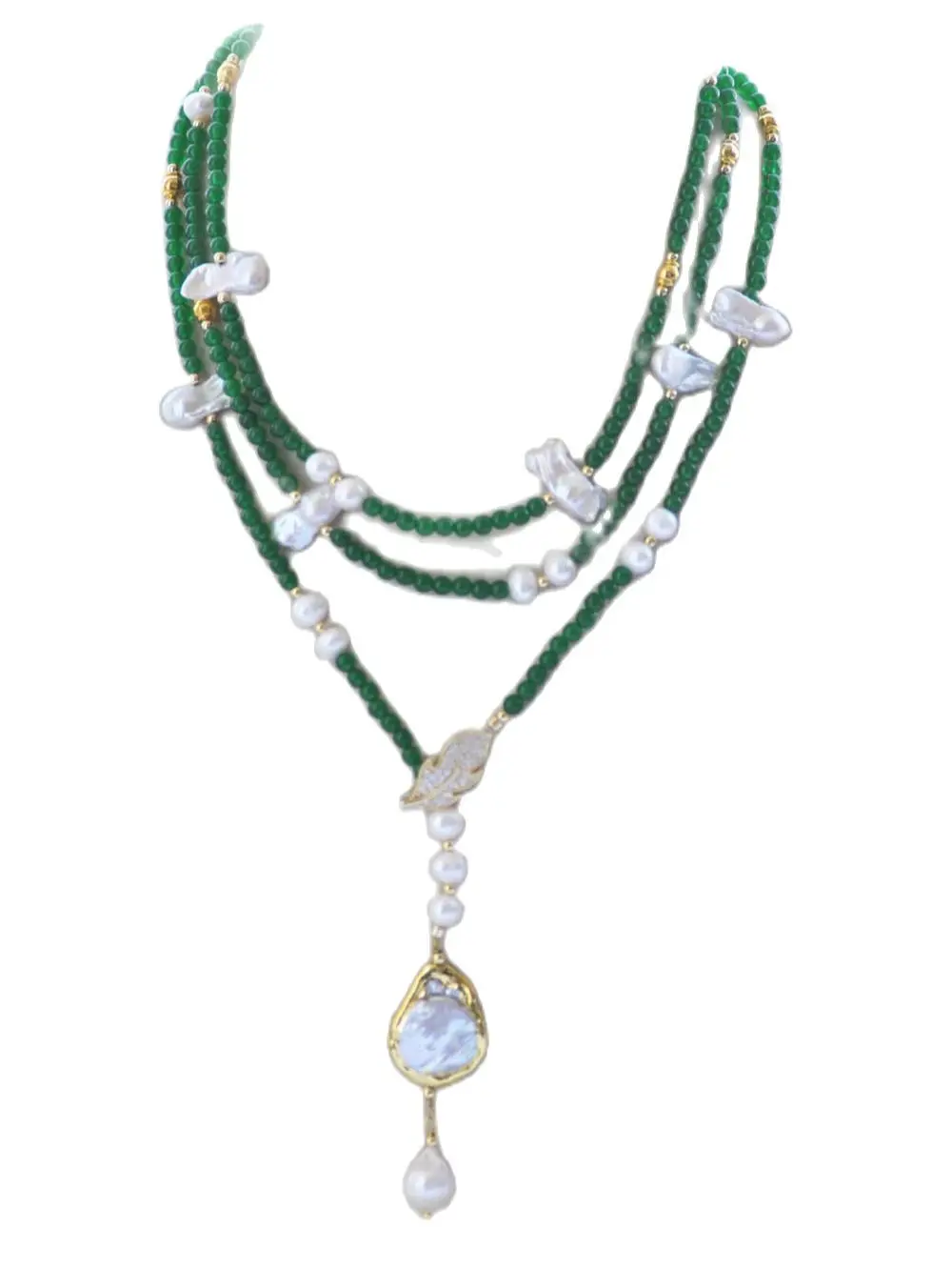 

MCT·STAR Z11028 56" Green Jade White Round Plum-blossom Edison Biwa Pearl Necklace CZ