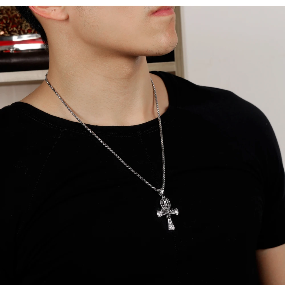 Titanium Steel Punk Cross Pendant Necklace Men's Egyptian Life Cast Immortality Pendant Necklace