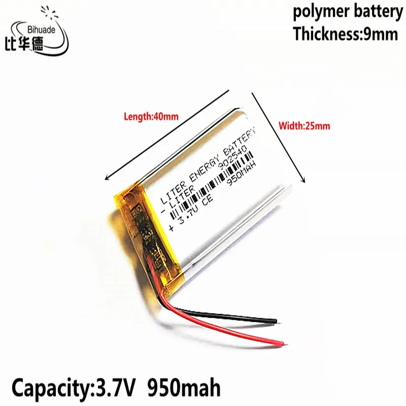 Liter energy battery 3.7V 950MAH 902540 Lithium Polymer LiPo Rechargeable Battery For Mp3 headphone PAD DVD bluetooth camera