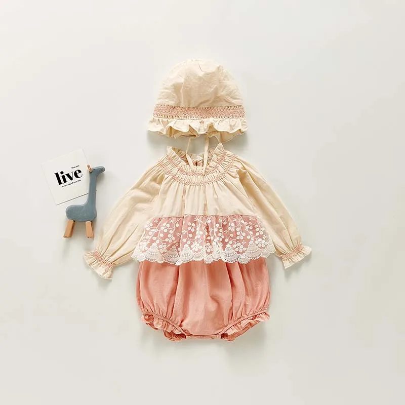 Infant Baby Princess Cute Bodysuits With Hat New Fall Newborn Lace Patchwork Rompers Toddler Girl Playsuit Fashion Clothes 0-3Y