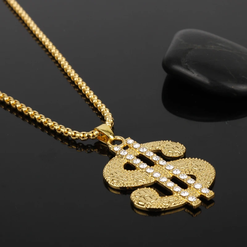 Hip Hop Rap Gold Color US Dollar Pendant Necklace Chain Accessories Enamel Jewelry Rhinestone Money Dollar Logo Men Gifts