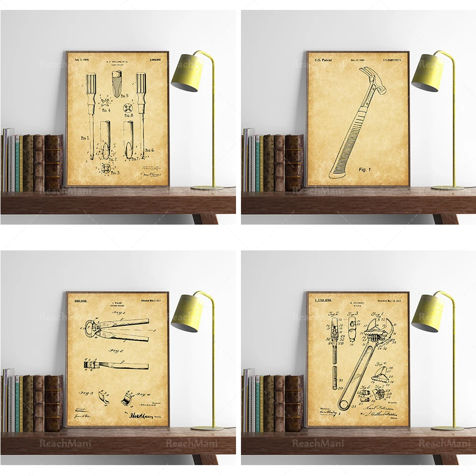 

Tool patent printing 4-piece set Tool poster, workshop poster, screwdriver patent, wrench poster, vice patent, hammer poster, in